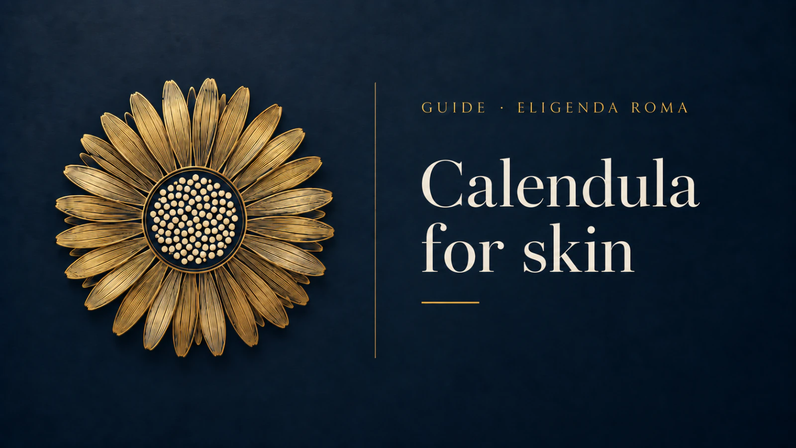 Calendula for skin, with a gold botanical flower illustration.