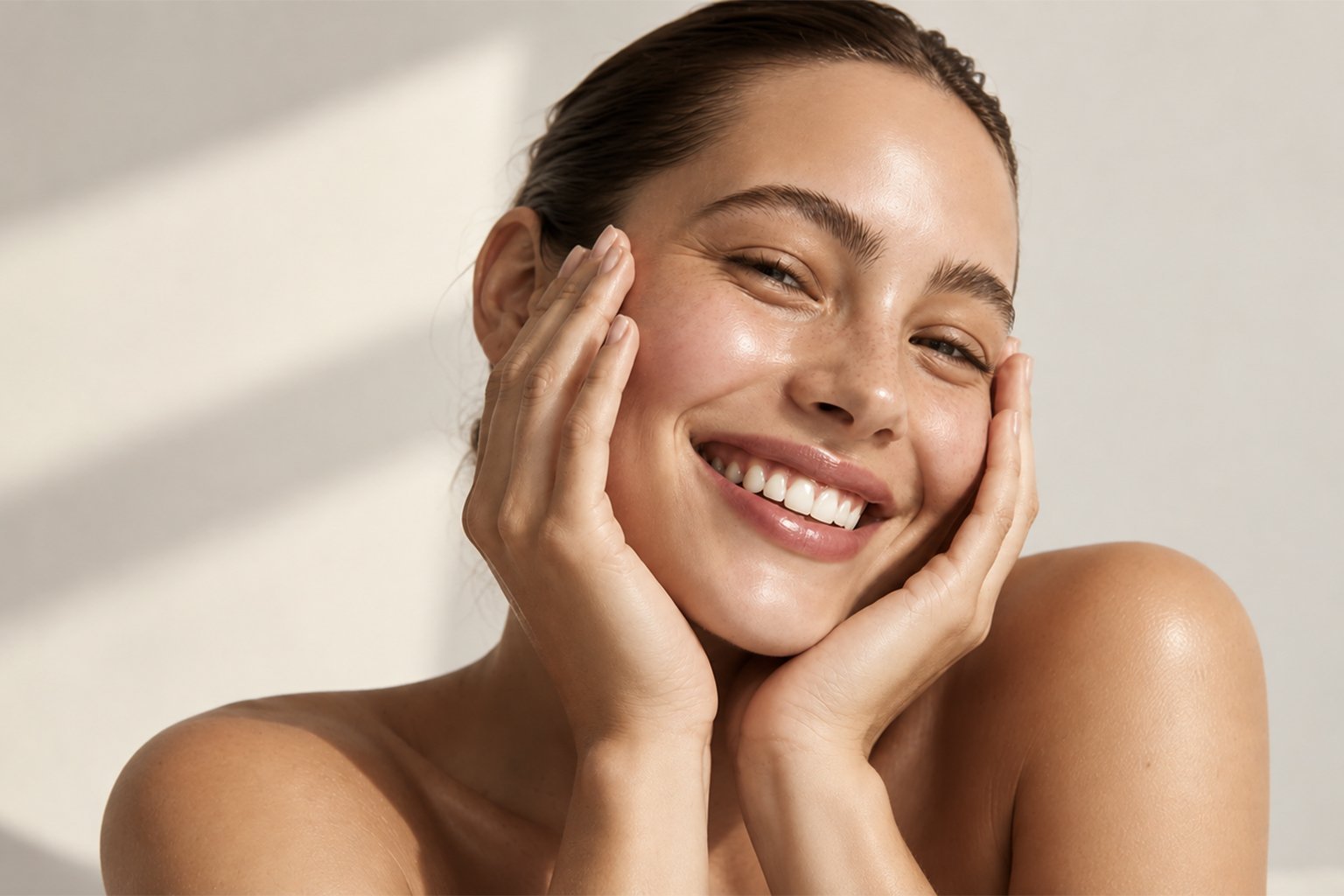 A smiling woman with her hands resting on her face, in natural light against a pale background