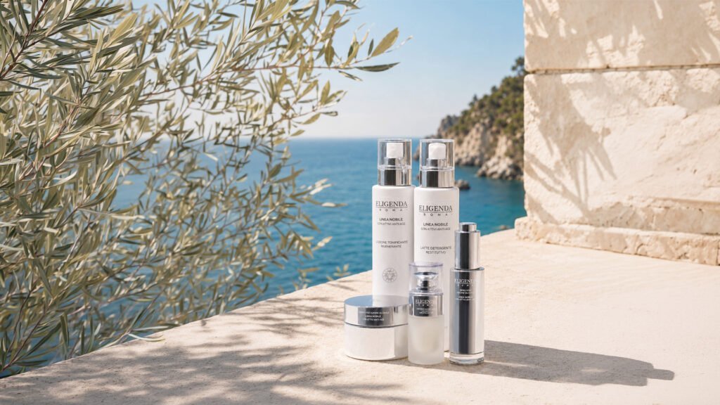Eligenda Roma’s Linea Nobile on a stone wall overlooking the sea, framed by olive branches: Rejuvenating Facial Toner, Restorative Cleansing Milk, Global Action Cream, Delicate Eye Contour Cream and Global Action Serum