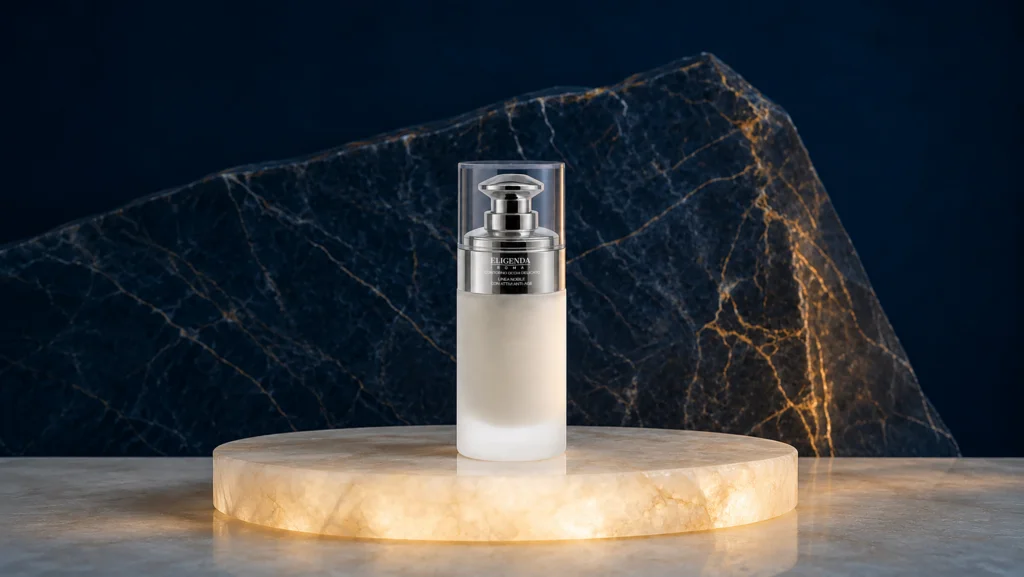 A bottle of Eligenda Roma Delicate Eye Contour Cream on an illuminated plinth.