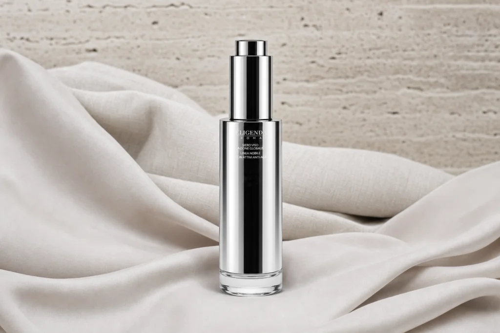 Eligenda Roma Global Action Serum on light-coloured fabric.