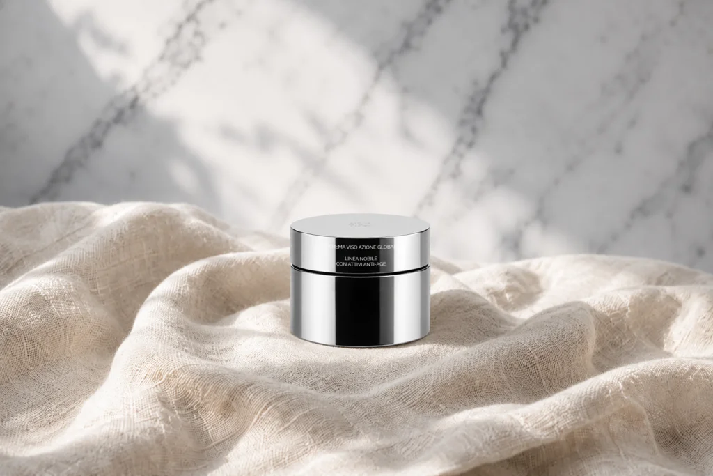 Eligenda Roma Global Action Cream, the jar on linen and marble