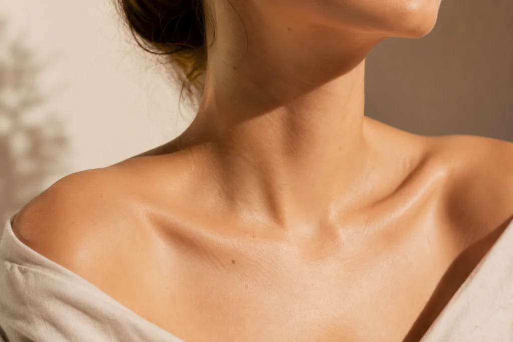 Close-up of the neck and décolletage.