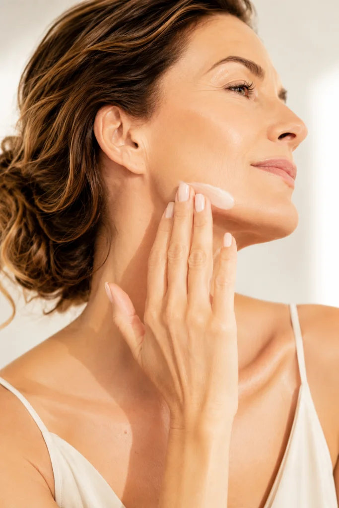 Woman applying cream along her jawline and neck.