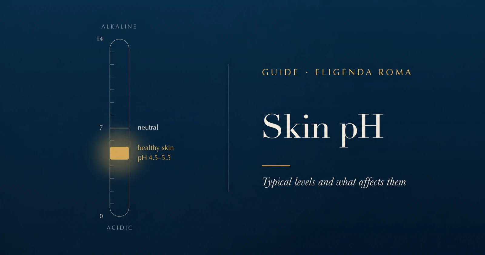 Skin pH illustrated on a scale from 0 to 14, with pH 4.5–5.5 highlighted for healthy skin.