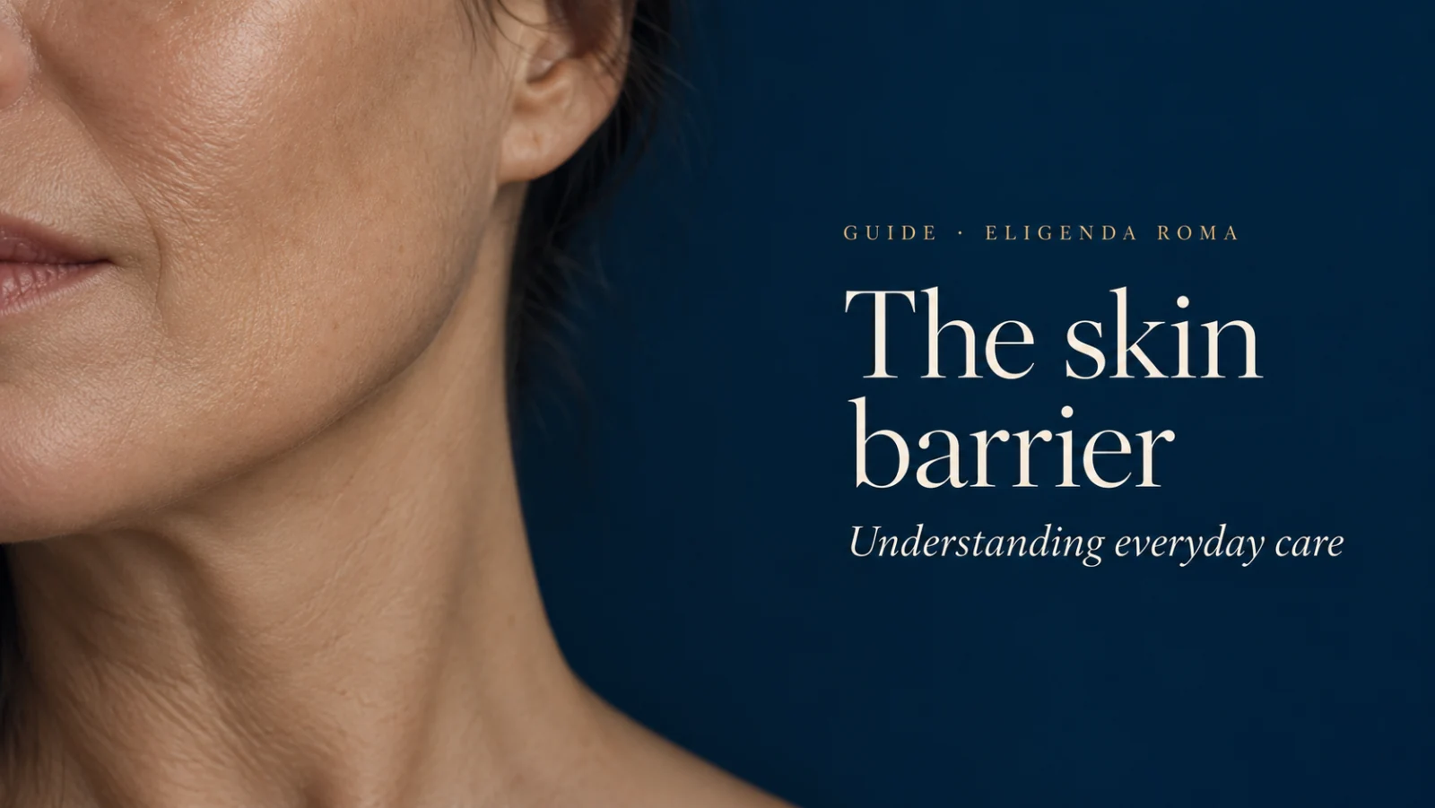 The skin barrier guide: a close-up of natural-looking cheek and neck skin against navy.
