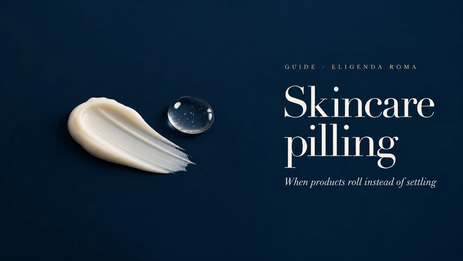 An ivory moisturiser swatch and a clear serum droplet on a navy surface.