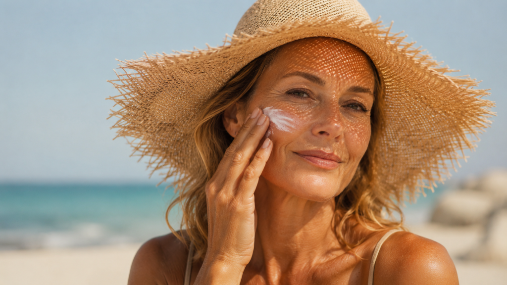 Donna con cappello di paglia che applica una crema sul viso in spiaggia.