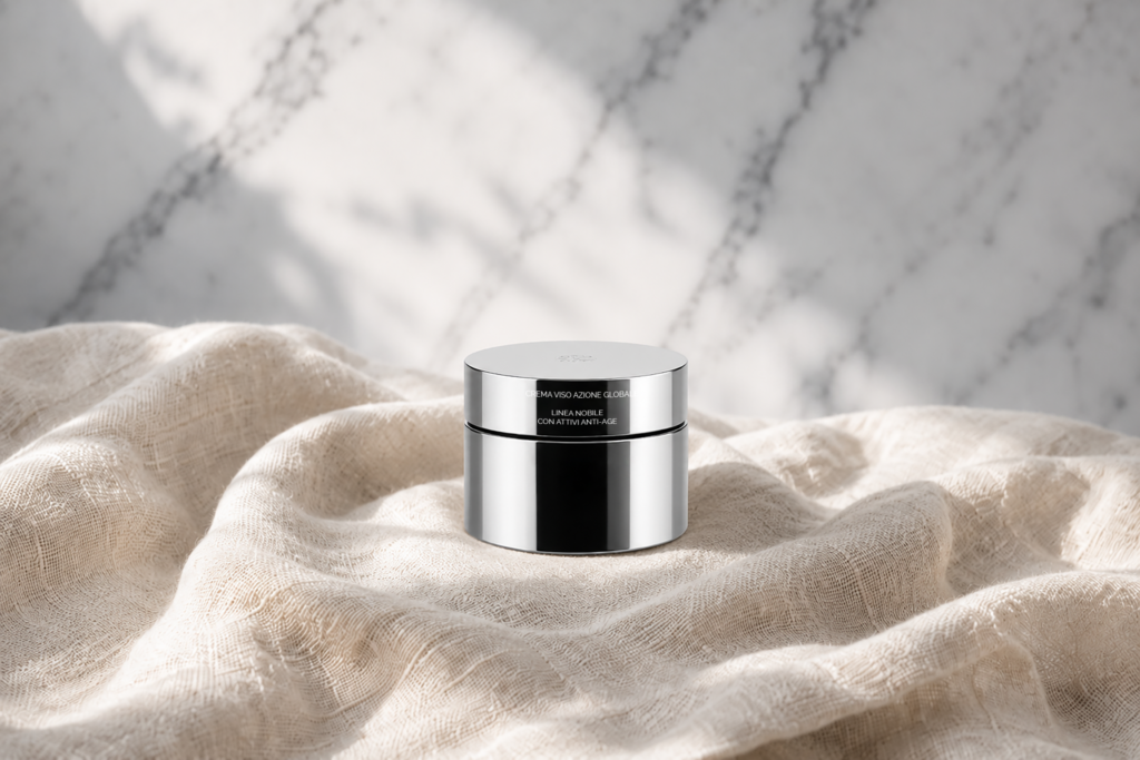 Crema Viso Azione Globale di Eligenda Roma, il vasetto su lino e marmo