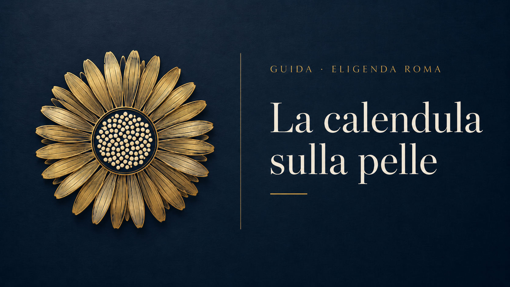 Testata dell'articolo: un capolino di calendula in filigrana dorata su fondo blu, con la corona di fiori ligulati attorno al disco centrale fitto di fiori tubulosi, accanto al titolo «La calendula sulla pelle»