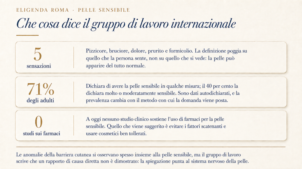 I tre fatti che il gruppo di lavoro internazionale sulla pelle sensibile mette a verbale: cinque sensazioni spiacevoli su cui poggia la definizione, il 71 per cento degli adulti che dichiara di avere la pelle sensibile in qualche misura, e nessuno studio clinico a sostegno dell'uso di farmaci; in calce, che le anomalie della barriera cutanea si osservano spesso insieme ma senza un rapporto di causa dimostrato