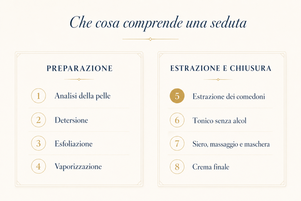 Gli otto passaggi di una pulizia del viso professionale divisi in due pannelli, preparazione ed estrazione e chiusura; il quinto, l'estrazione dei comedoni, è evidenziato in oro come il gesto che resta professionale