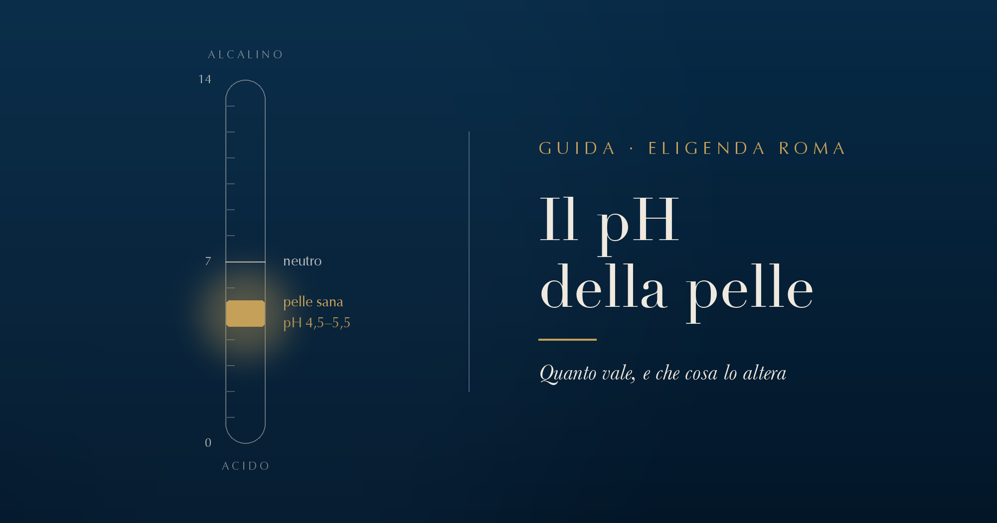 Scala del pH da 0 a 14: la banda della pelle sana, fra 4,5 e 5,5, è evidenziata in oro e si trova sotto il valore neutro di 7